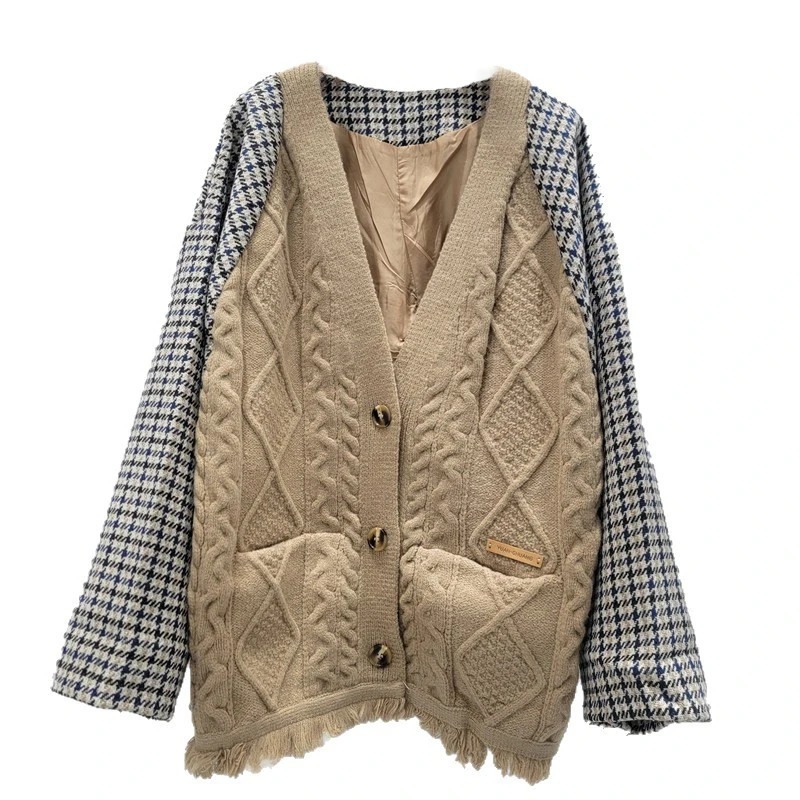 WTHT 2025 Autumn Trendy Women's Patchwork Plaid V-neck Knit Cardigan Long Sleeves Single Breasted Sweater Female 1LS2608