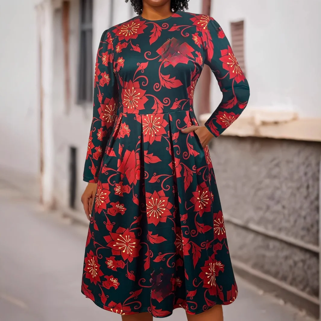 TM-024 plus size feminino manga longa em torno do pescoço vestido flor impressão estilo europeu e americano outono inverno vestido