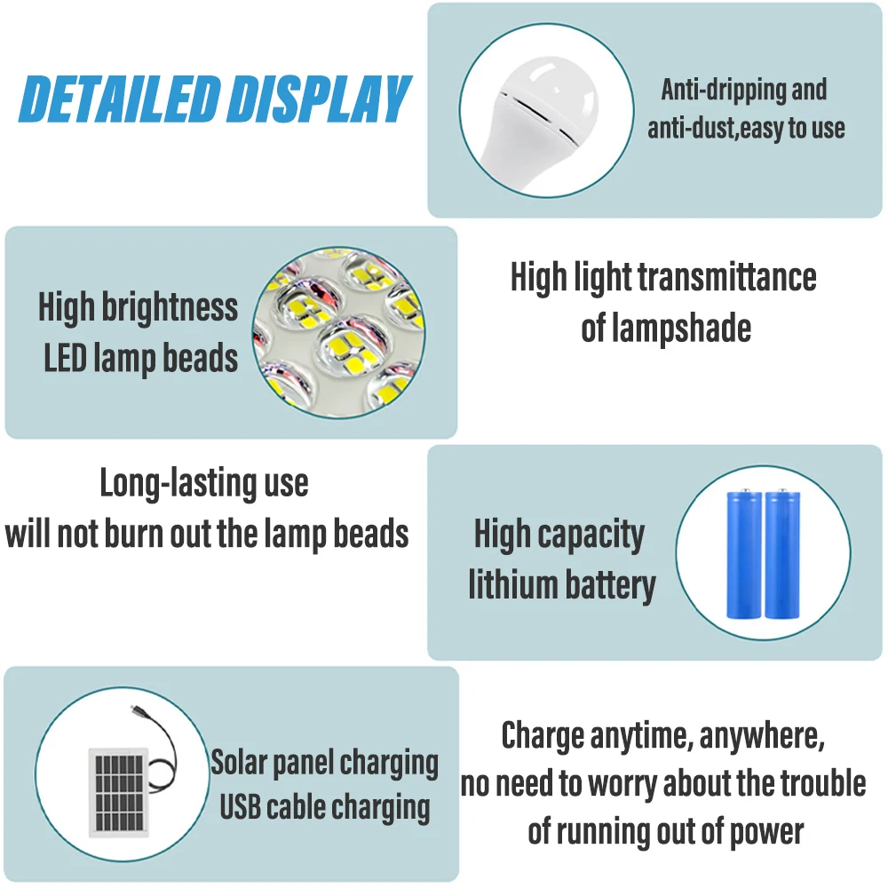 LED Light Solar Lamp Bulb Outdoor Waterproof Portable Solar Garden Hanging Light Hiking Fishing Emergency Lights