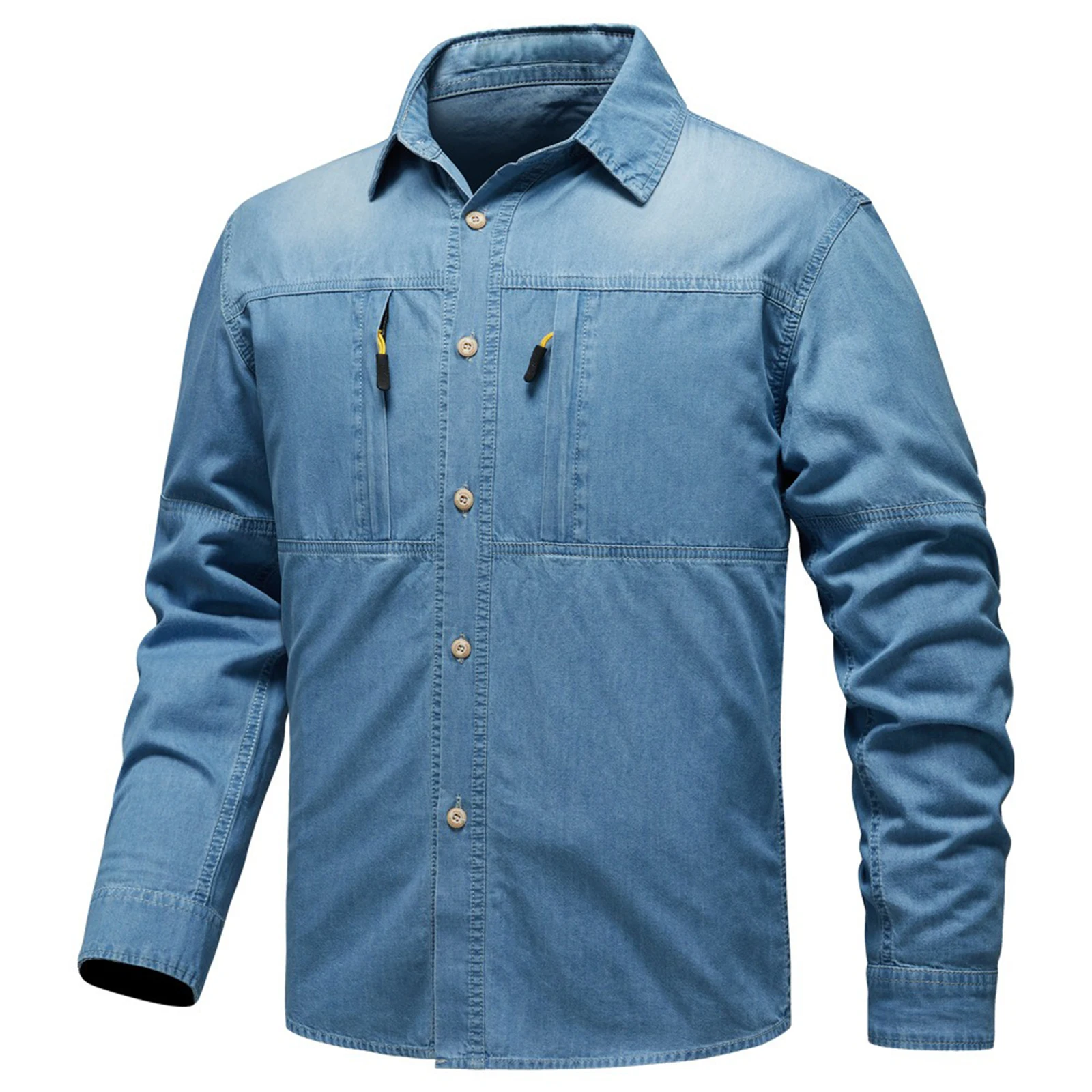 

Long-Sleeve Solid Denim Shirt Men Fashion Classic Retro Denim Multi Pocket Business Shirt Spring Autumn Tops Jeans Jacket Blouse