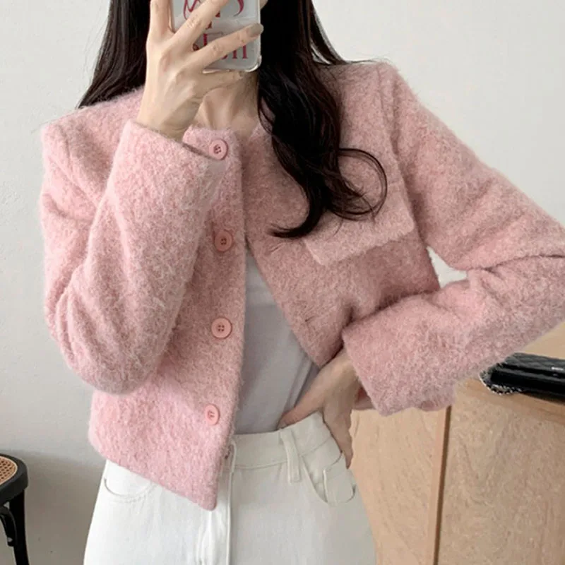

Sweet Round Neck Single Breasted Short Jacket 2025 Women's Autumn New Solid Color Loose Wool Coat Elegant Ladies Warm Outerwear