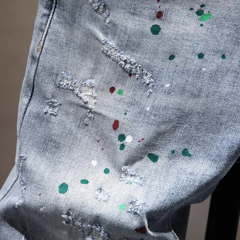 Street Designer Fashion Men Jeans Retro Washed Blue Stretch Slim Fit Painted Ripped Jeans Men Y2K Hip Hop Vintage Denim Pants