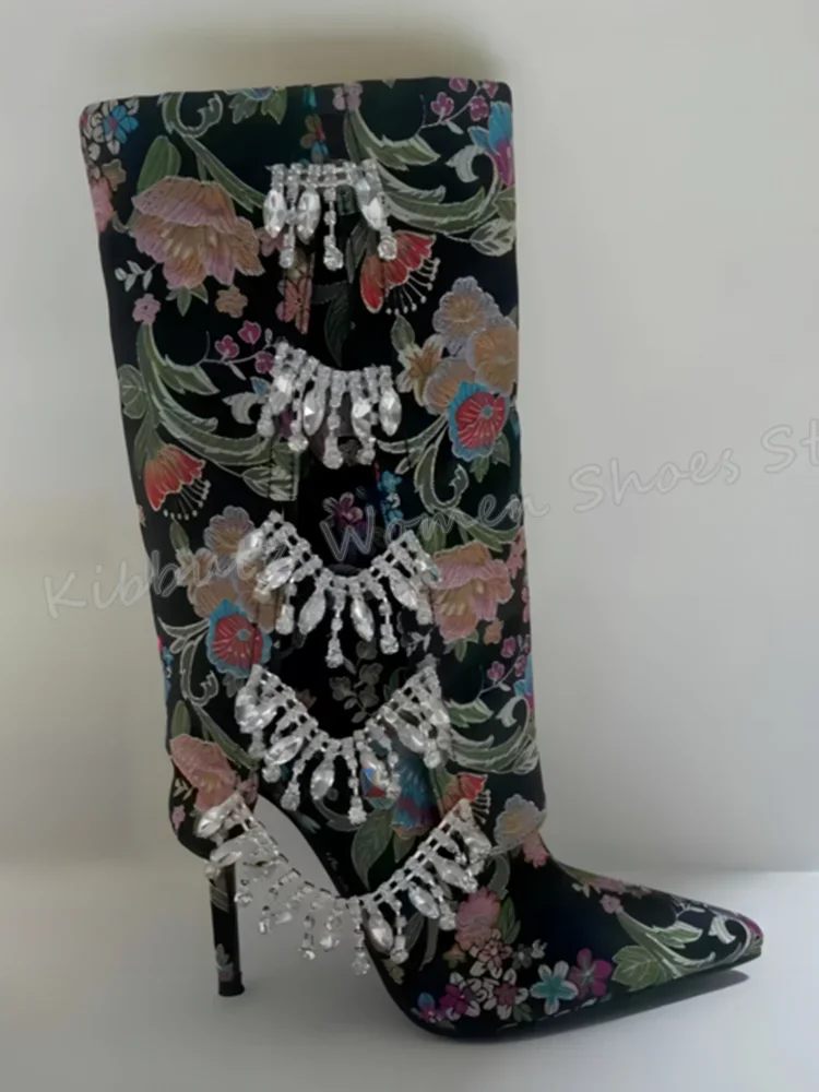 Embroidery Crystal Knee High Boots Glossy Fashion Elegant Luxury Novelty Concise Slip-On Pointed Toe Thin Heels Women Shoes New