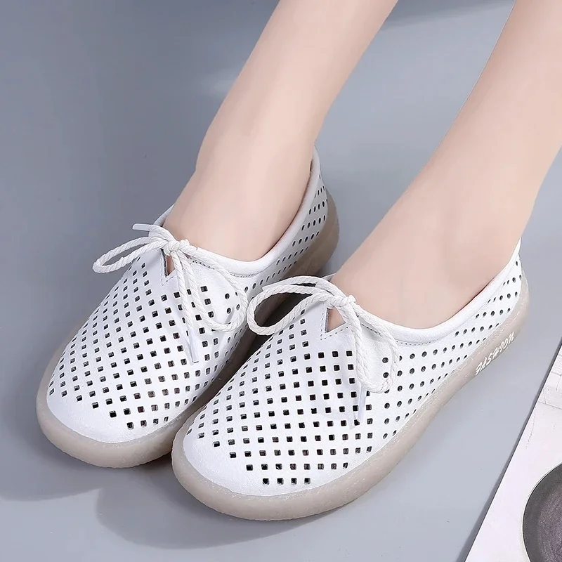 Genuine Leather Women Shoes Summer Hollow Out Breathable Flats Women\'s Slip On Loafers Soft bottom Comfort Woman Single