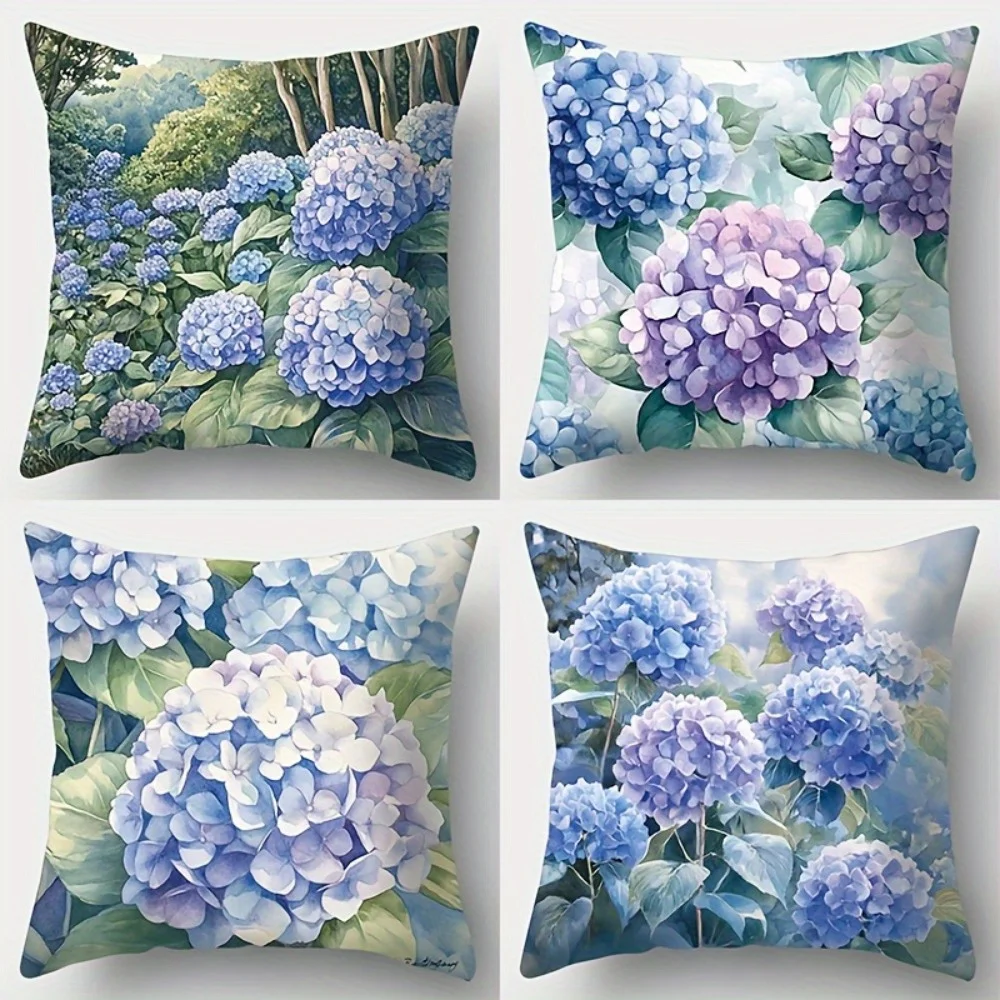 4Pcs Watercolor Blue Hydrangea Throw Pillow Covers with Forest Floral Leaf Print Cushion Cases for Sofa Living Room Bedroom Home
