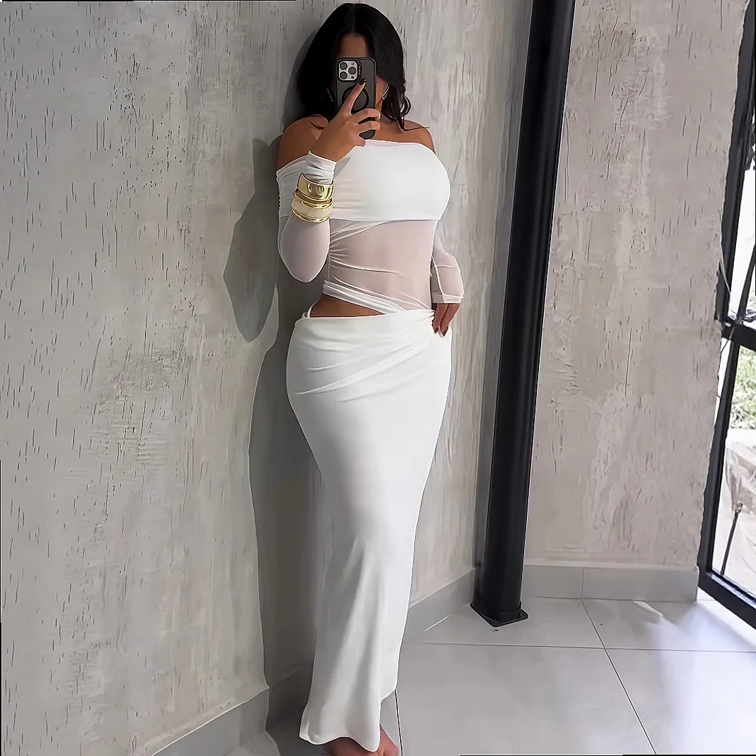 Mesh Patchwork See Through Sleeve Dress Spring Summer Women Maxi Dresses Evening Gown Bodycon Party