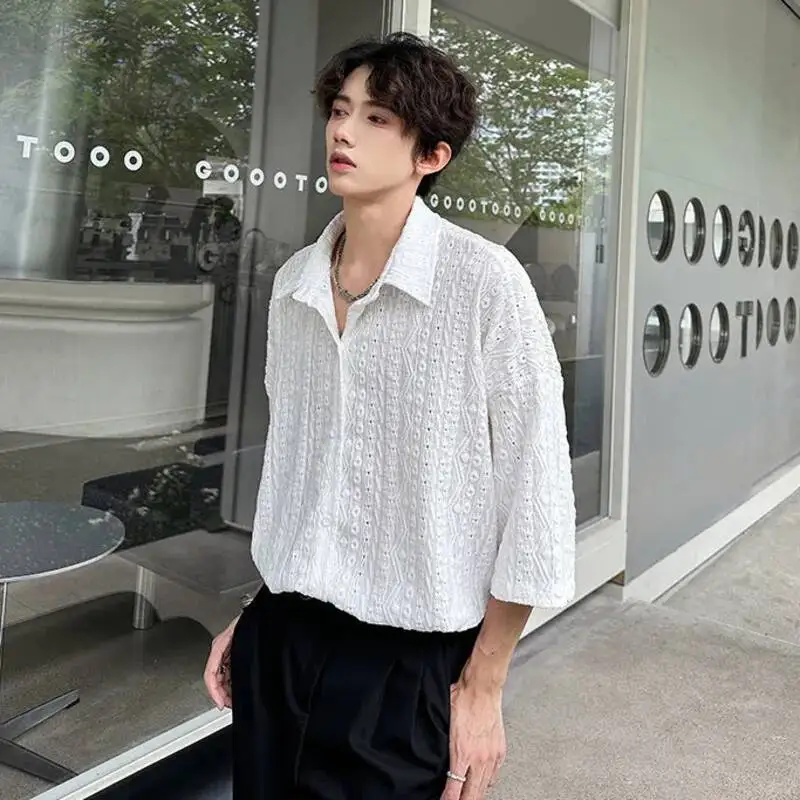 LUZHEN Shirts 2026 Summer Embroidery Embossed Sleeve Pattern Short Men's High Quality Loose Solid Color Casual Male Tops JY8142