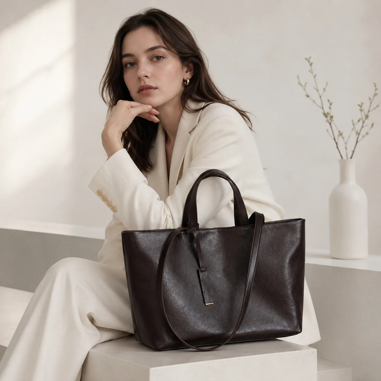 Korean Version Genuine Leather Women Bag Underarm/Shoulder Cowhide Bag Casual Retro- Soft Leather Large Capacity Simple Tote Bag