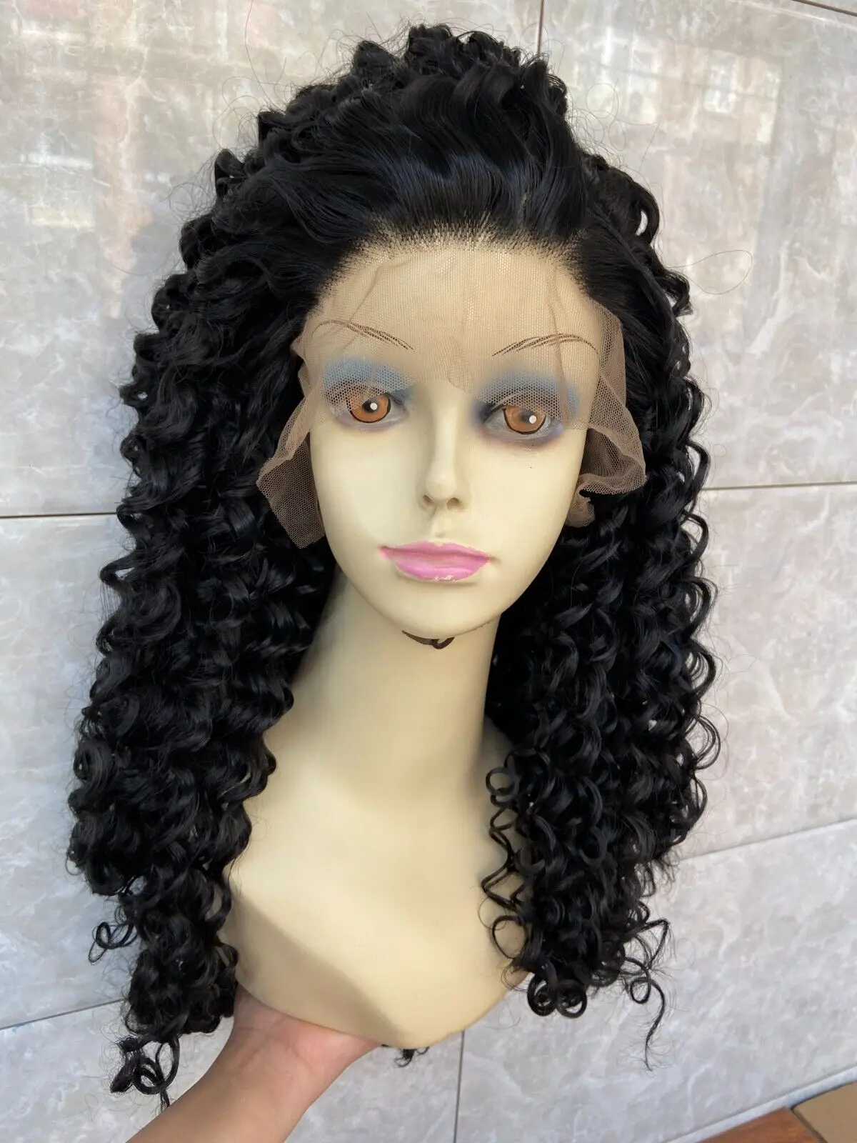 Long Black Kinky Curly Full Lace Front Human Hair Blend Heat Women Wigs