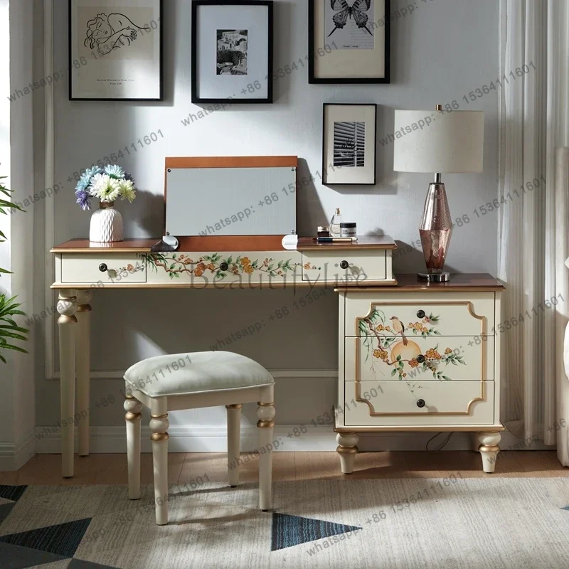 French Retro Makeup Desk home makeup luxury wood Dressing table design Hairstyles vanity with lmirror stool bedroom furnitures