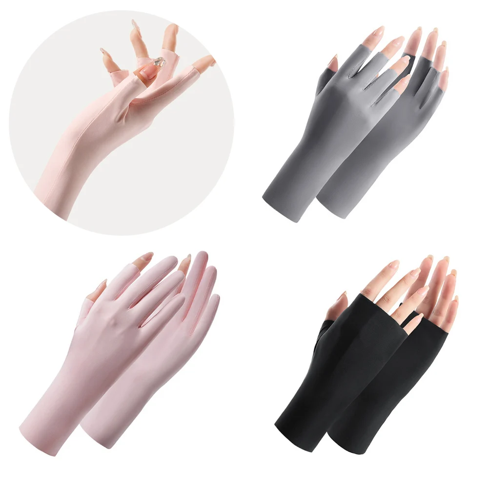 Fingerless UV Protection Gloves Women Summer Outdoor Riding Ice Silk Cool Thin Breathable Gloves Nail Art Light Mittens UPF50+