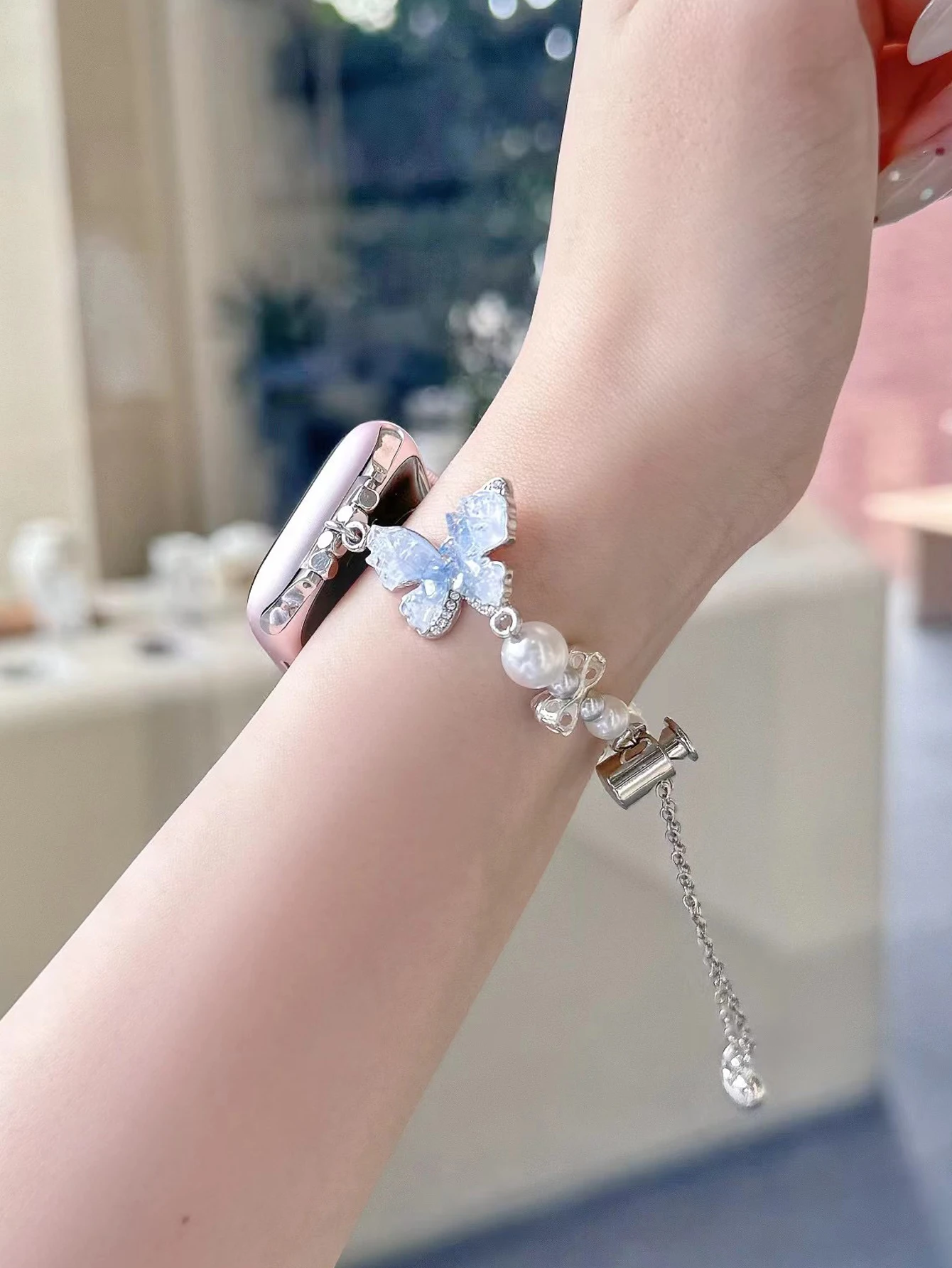 Suitable For Apple Watch Summer Glacier Butterfly Pearl Metal Bracelet iWatch 9th Generation Applewatch 765S