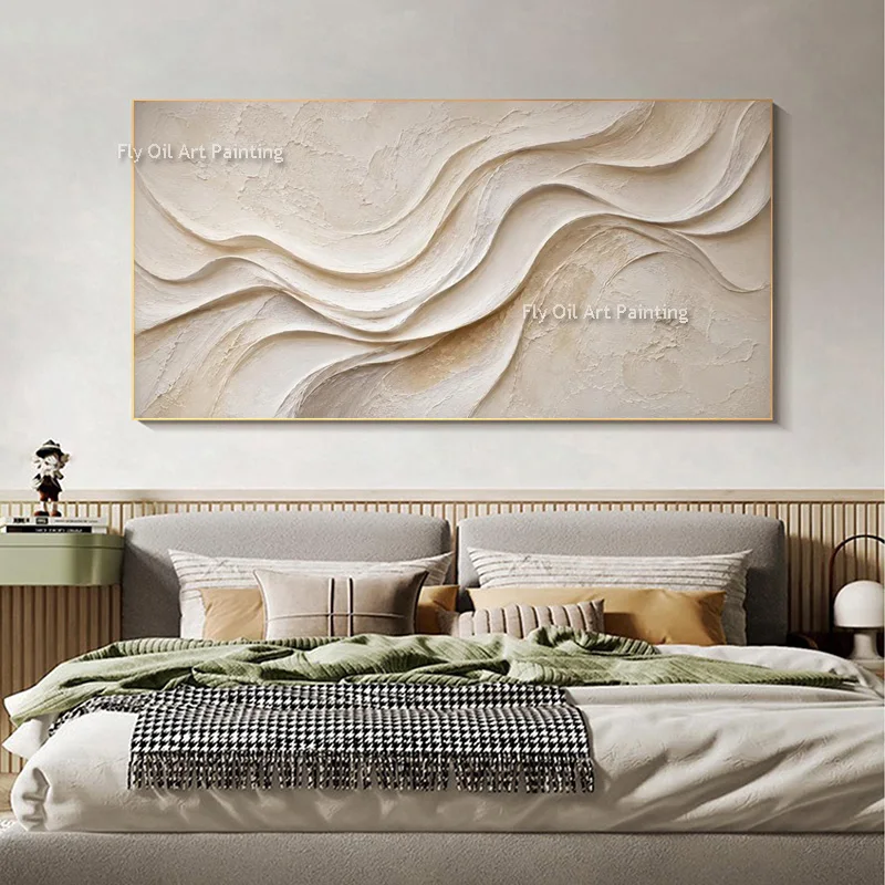 Large Textured Canvas Art Hand Painted Beige Wave Impasto Oil Painting Minimalist Home Interior Wall Decor