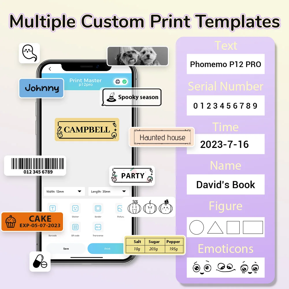 Phomemo P12 Portable Bluetooth Label Maker Thermal Transfer Printing with Multiple Templates Icon for Storage, Office, Home