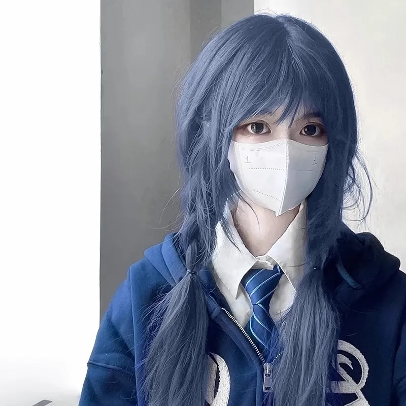 

Synthetic wig for women, glacier haze, blue long straight hair, full head cover, simulated hair, full top wig cover