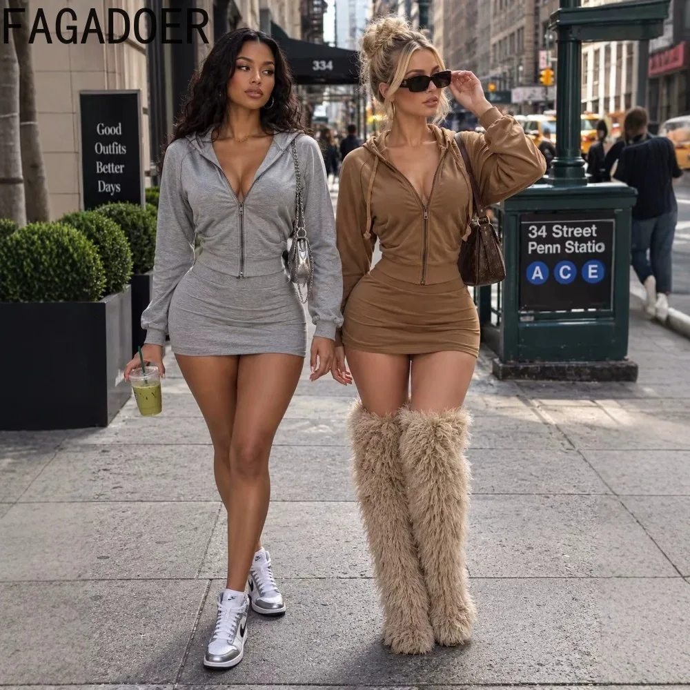FAGADOER Women Two Piece Skirt Set Zip Up Hooded Long Sleeve Top And Bodycon Mini Skirt Casual Y2K Streetwear Outfit New 2026