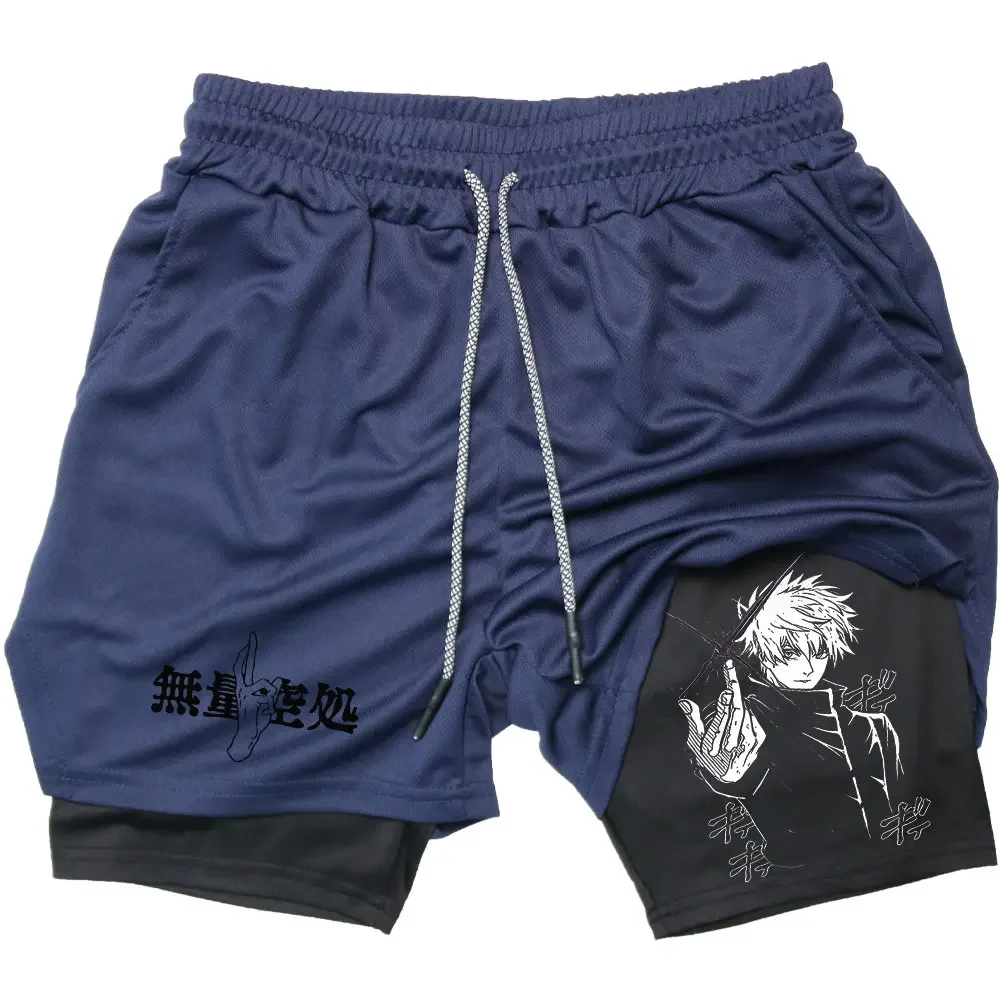 Jujutsu Kaisen Anime Shorts de ginástica para homens, shorts de desempenho esportivo de deck duplo, treino fitness, musculação