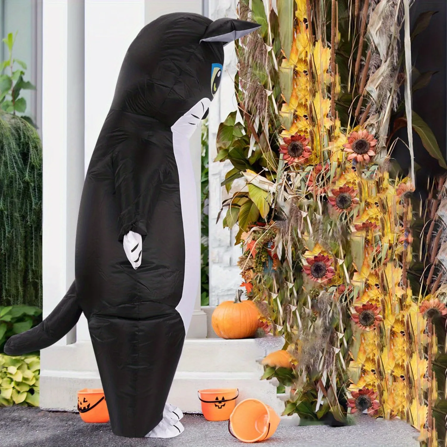 Inflatable Cat Costume Adult, Black White Funny Cat Blow Up Costume with Paws and Ears for Halloween Party, Dress Up Events view 5