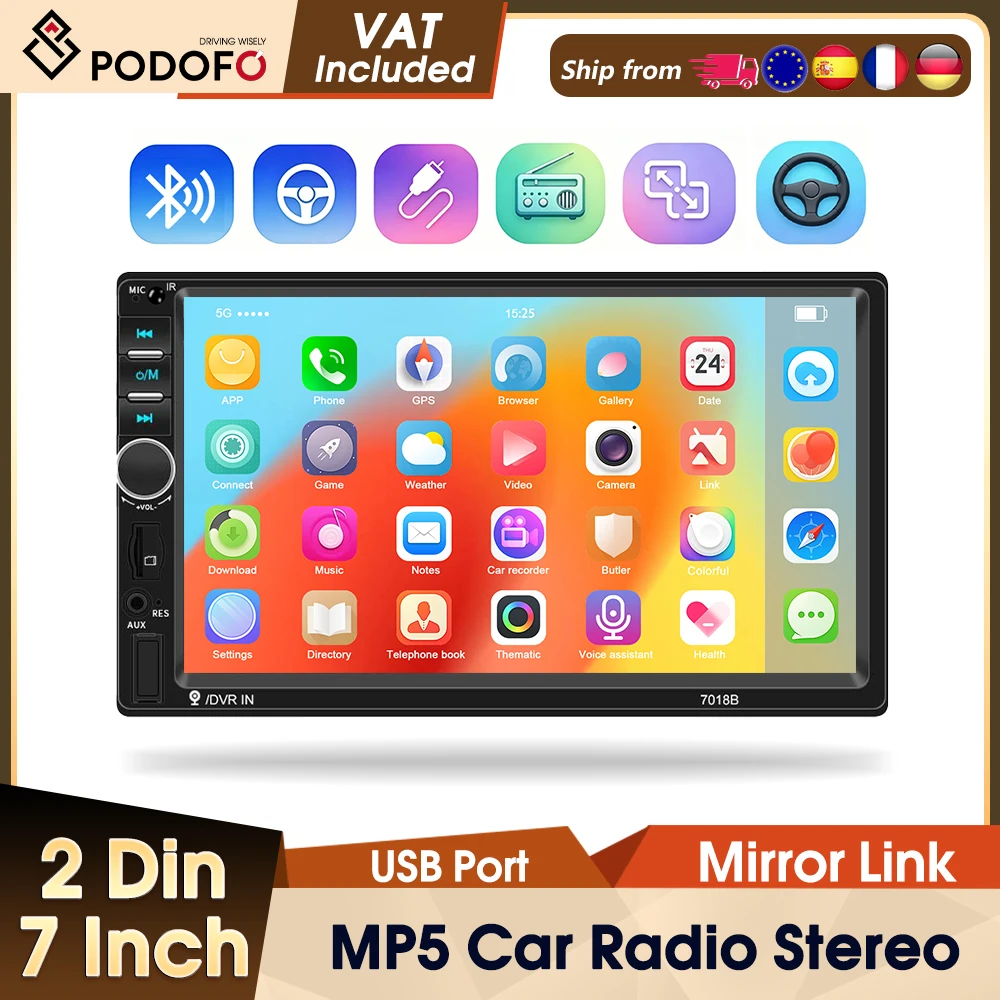 Podofo Universal 7 Zoll 2-Din-Autoradio mit MirrorLink, Bluetooth, MP5-Multimedia-Player, FM, integriertem Auto-DVR-System, USB, EQ, BT