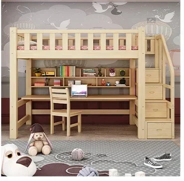 Letto rialzato in legno massello pieno, letto e tavolo, letti superiori e inferiori per bambini, combinati con una scrivania, dormitorio per adulti