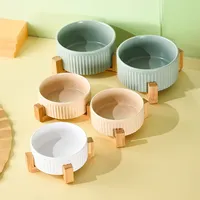 850ML Cat Double Ceramic Bowls Pet Food Water Feeding Supplies Small Medium Dogs Drink Eat Feeder with Wooden Stand