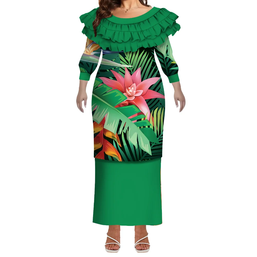 Tax Free Women'S Round-Neck Puletasi Fashion Custom Polynesian Island-Style Long-Sleeved Tops And Skirts Big Shot Dress Sets