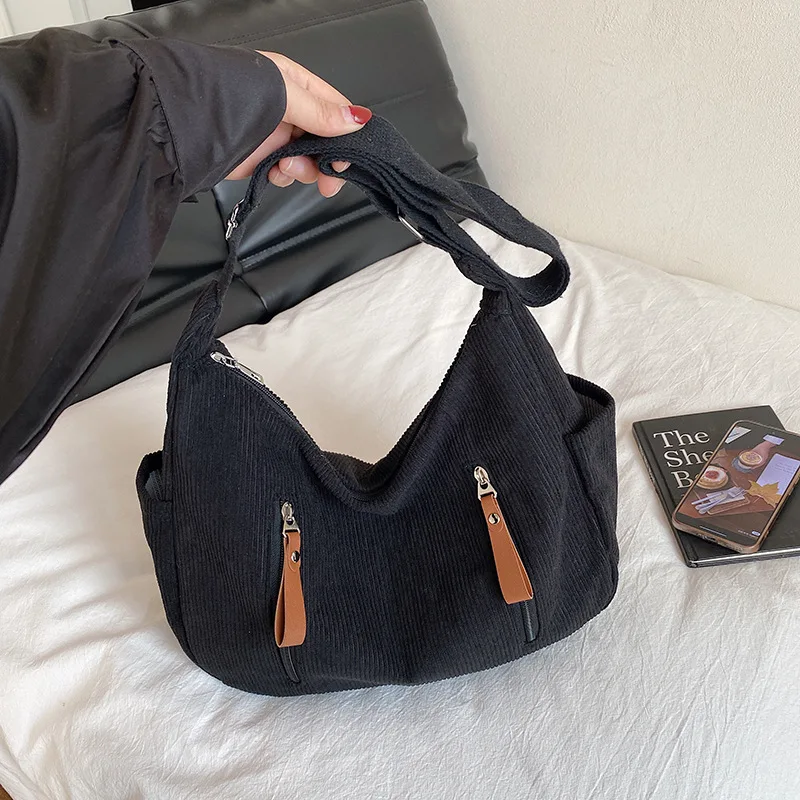 

Solid Color Corduroy Shoulder Bags for Women Large Capacity Ladies Multi-Pocket Hobos Tote Simple Portable Girls Crossbody Bag