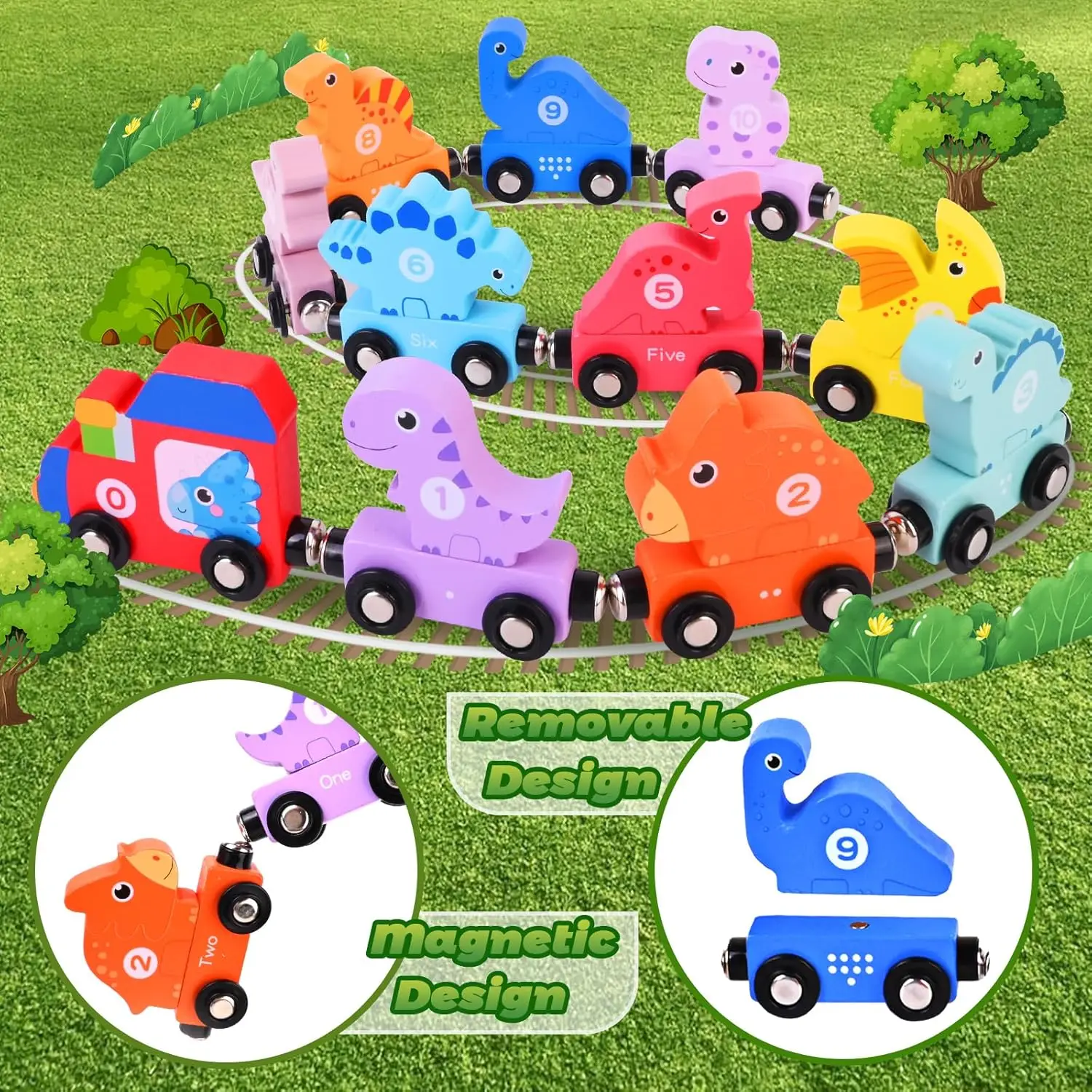 Dinosaur Toys for Kids 3-5, 21PC Magnetic Wooden Train, Dinosaur Stacking Blocks Toys, Match Number & Color, Toddler Montessori