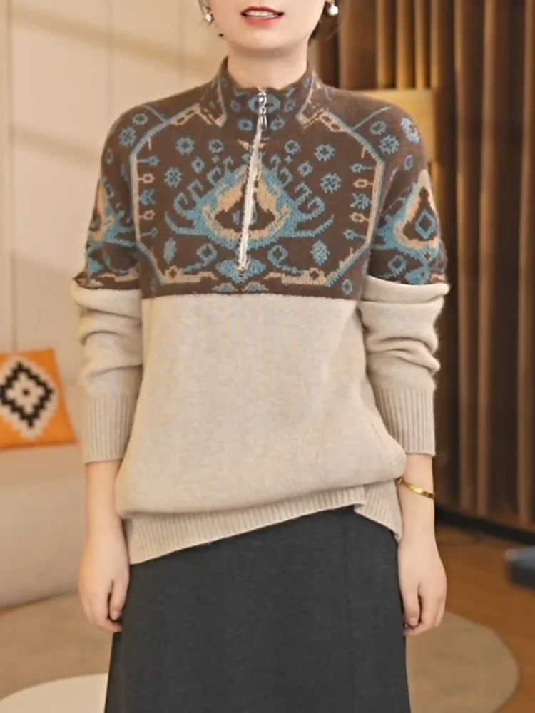 

Retro Print Oversized Knitwear Faionable Versatile White Enhancing Loose Top for Autumn 2025 Women's Camere Sweater