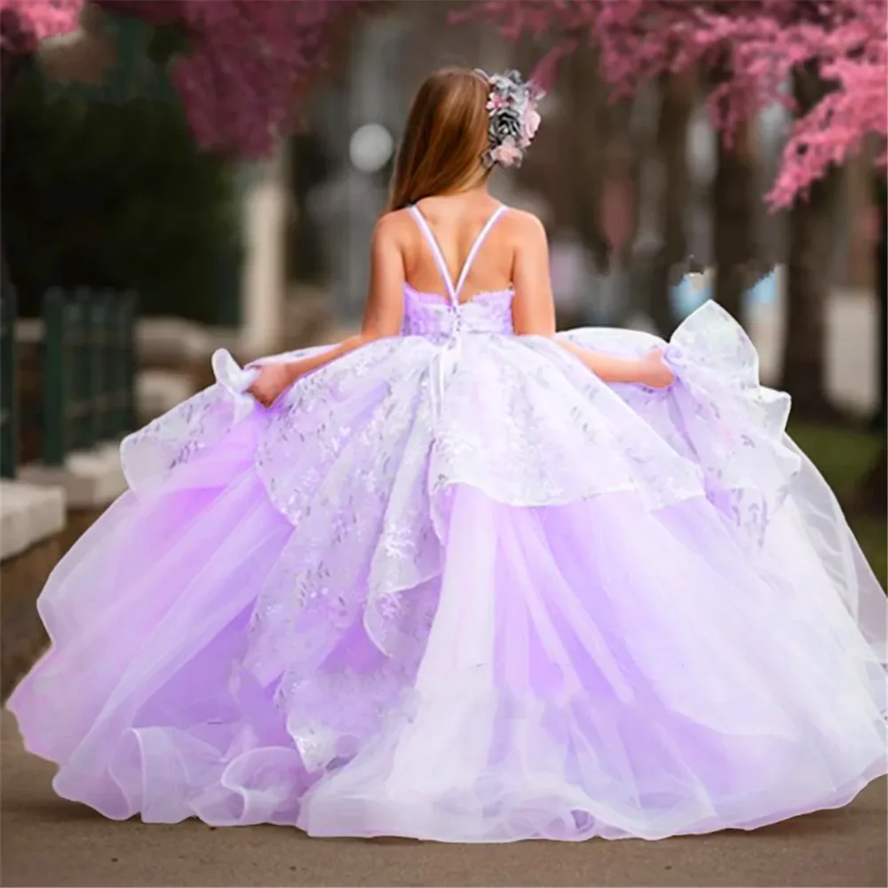 Sem mangas fofo tule renda impressão em camadas vestido da menina de flor princesa bola primeira comunhão vestidos surpresa presente aniversário