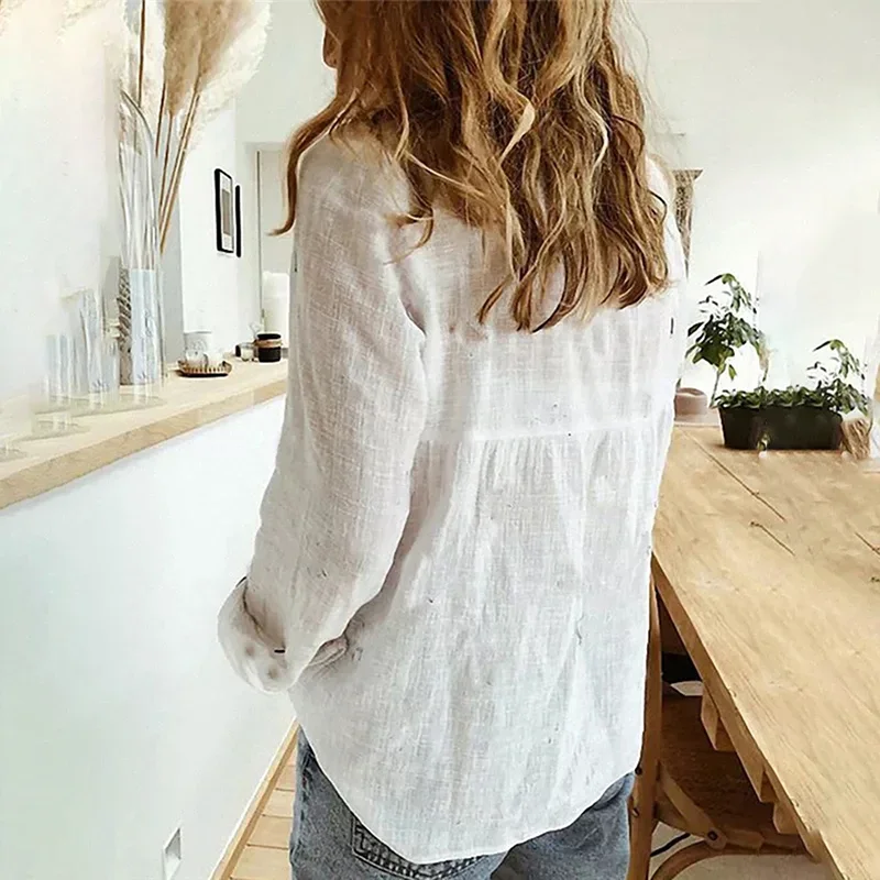 Elegant Cotton Linen Shirts Women Casual Solid Button Lapel Blouses Shirts Spring Summer Long Sleeve Loose Tops Tunic Blusas