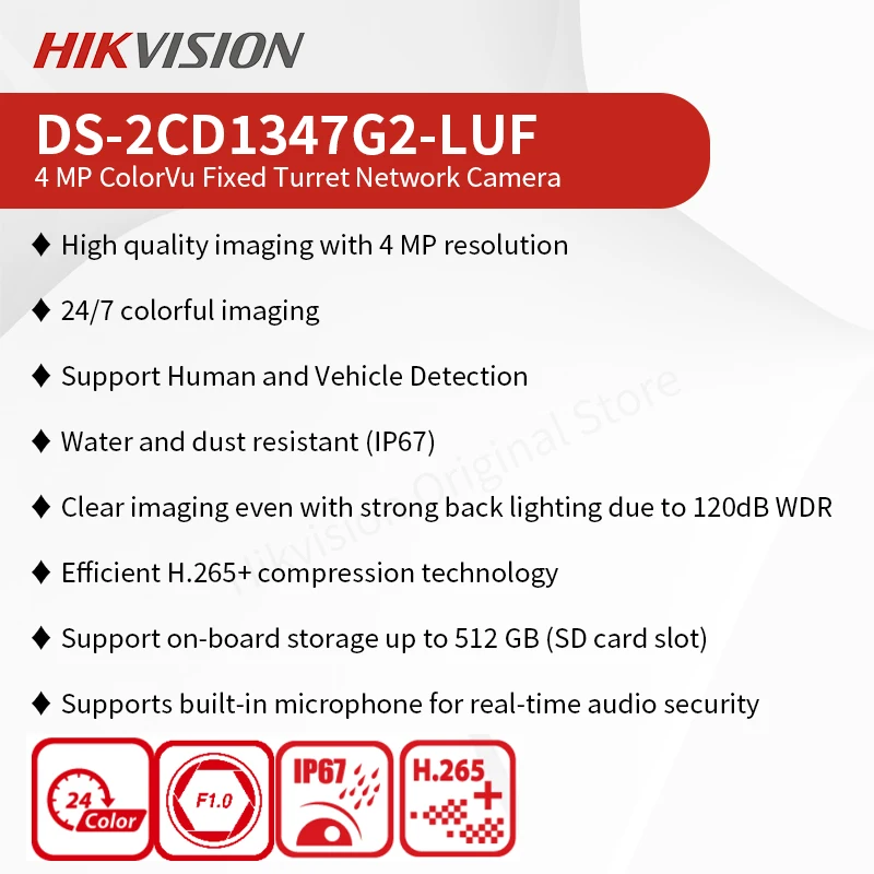 Imagem -02 - Hikvision-câmera ip Colorvu Turret Suporta Mic Cartão sd H.265 Mais Detecção de Humanos e Veículos Ip67 Ds2cd1347g2-luf 2k Poe 4mp