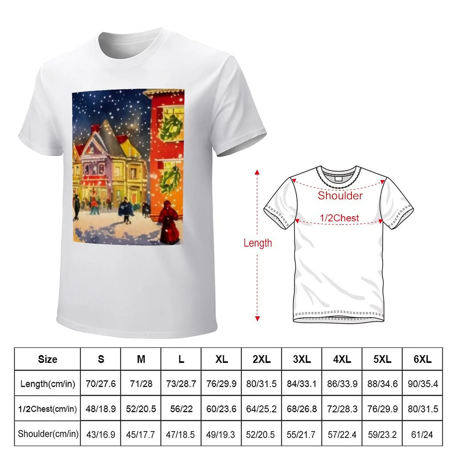 Vintage Painting Of Christmas Village in the Winter, Christmas Tree, Victorian Houses T-shirt customs plus sizes Men's t-shirts