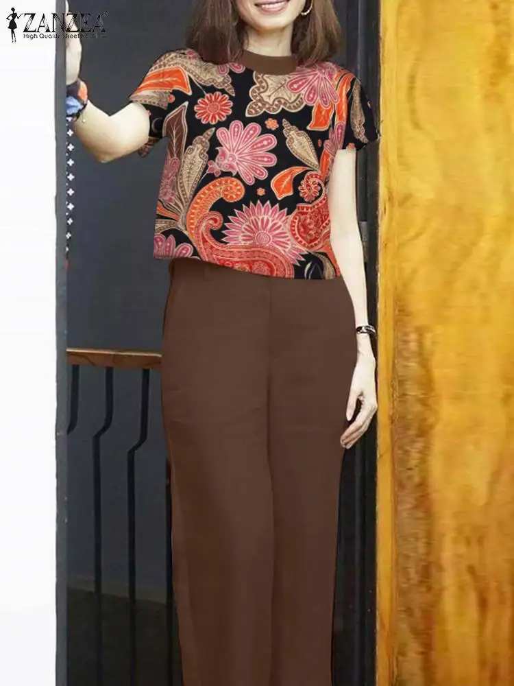 ZANZEA-Conjunto de blusa y pantalón para mujer, traje de manga corta con estampado Floral, chándal DE TRABAJO elegante a juego, moda de verano, 2024