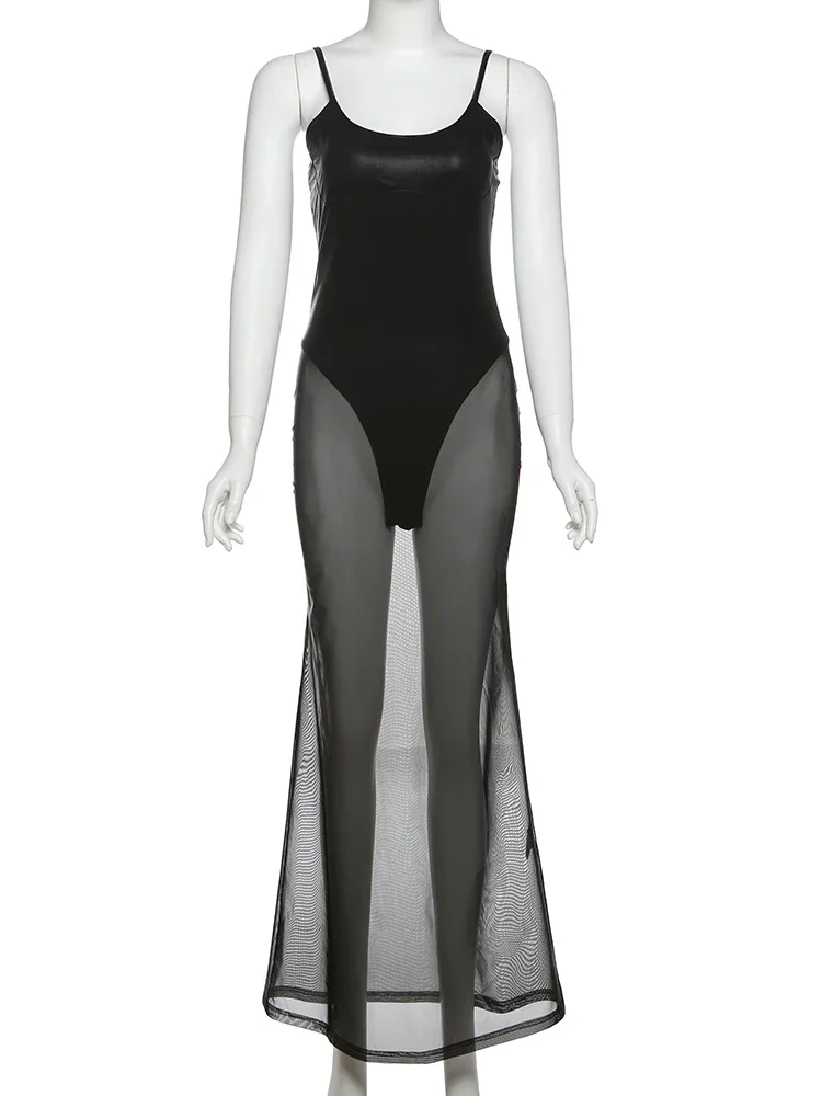 Y2Kตาข่ายPatchworkชุดผู้หญิงเซ็กซี่HipsterแขนกุดMidnightเซ็กซี่ปาร์ตี้ClubwearยืดผอมMaxi Bodycon