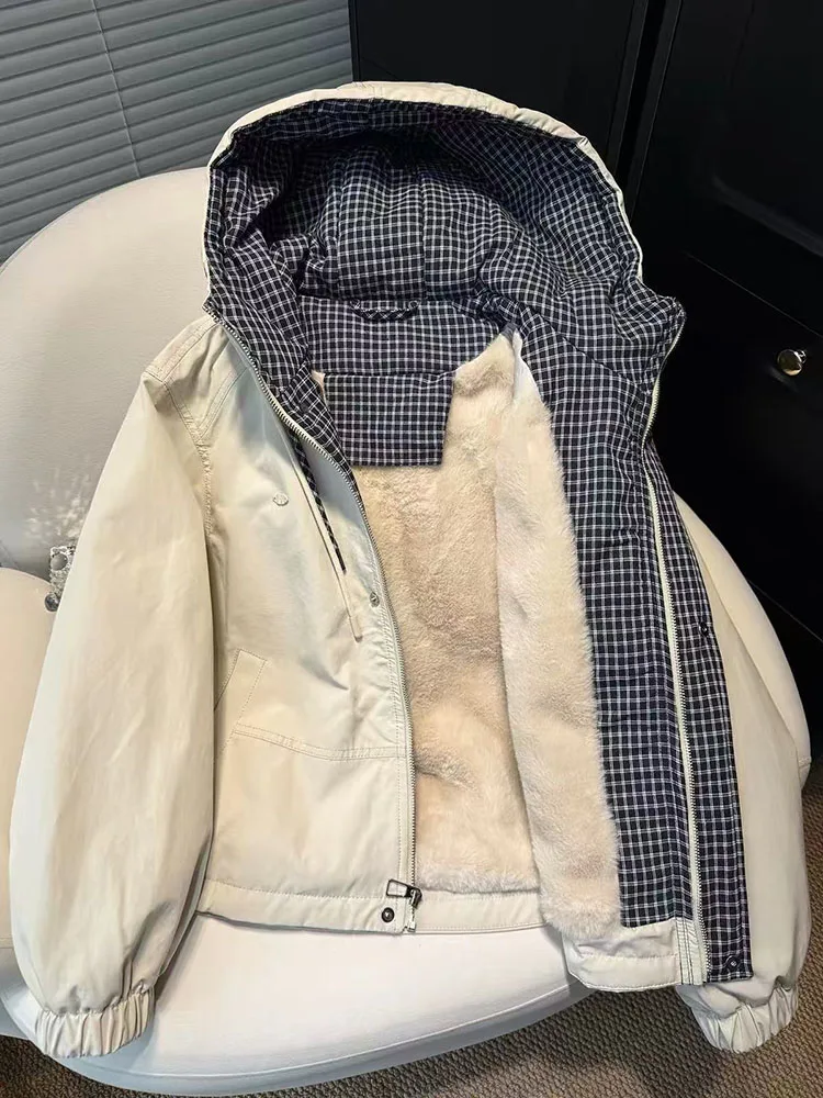 Winter Thick Faux Lamb Hooded Parkas Women Vintage Plaid Patchwork Fleece Coat Y2K Korean Loose Streetwear Warm Outerwear