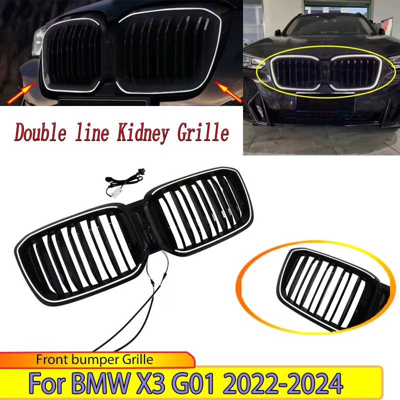 

Front bumper Grille For BMW X3 G01 2022 2023 2024 Double line style Kidney Grille with led light Radiator Mesh body kit tuning
