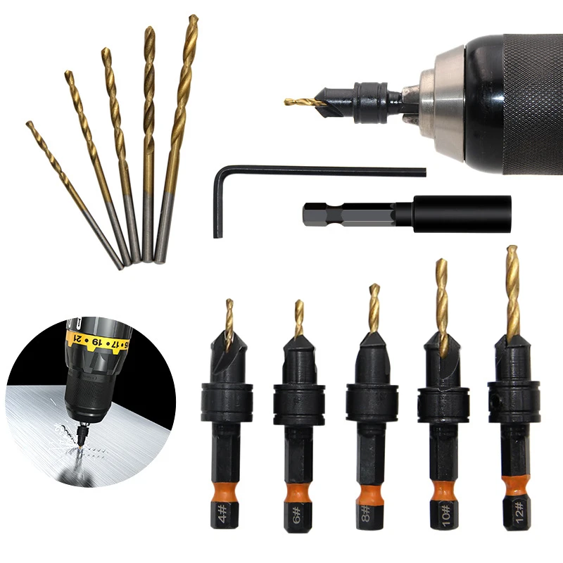 

12pcs Titanium-plated Hex Countersink Set With Replaceable Bits, Magnetic Holder & L-wrench. Power Drill Compatible For Fast