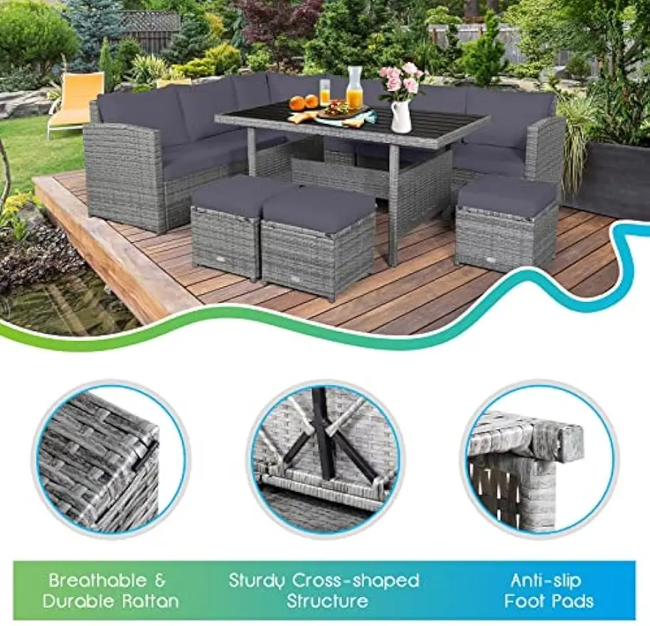 7 PCS Wicker Patio Furniture Set Outdoor Rattan Sofa Set All Weather with Dining Table & Ottomans Soft Cushions for Backyard