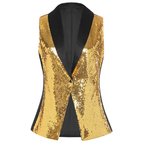 Women Shiny Sequin Formal Suit Vest V-neck Sleeveless Jazz Dance Waistcoat Banquet Wedding Party Choir Stage Performance Costume
