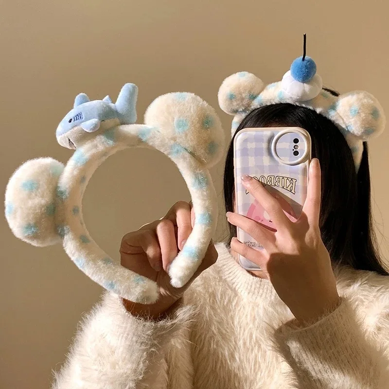 Cute Plush Polka Dot Shark Blue Cherry Bear Ear Hair Hoop For Women Girls Face Washing Makeup Amusement Park Birthday Photo Prop