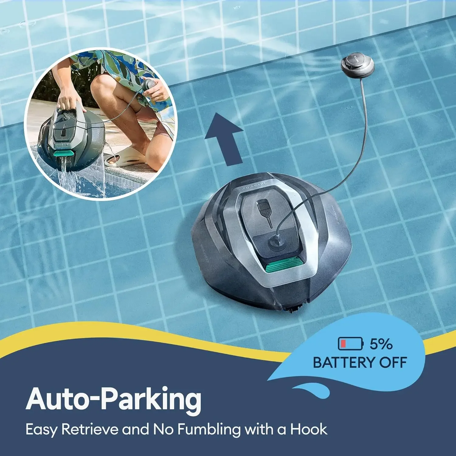 Cordless Robotic Pool Cleaner with Remote Control 3-Motor Suction 90Mins Runtime Auto Self-Parking 2.5h Fast Charging