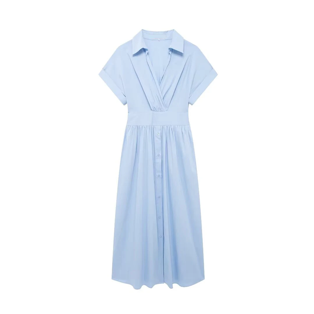 Tangada 2024 Summer Women Blue Shirt Dress Short Sleeve Ladies Strethy Waist Midi Dress 3h0605