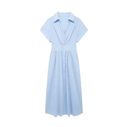 Tangada 2024 Summer Women Blue Shirt Dress Short Sleeve Ladies Strethy Waist Midi Dress 3h0605