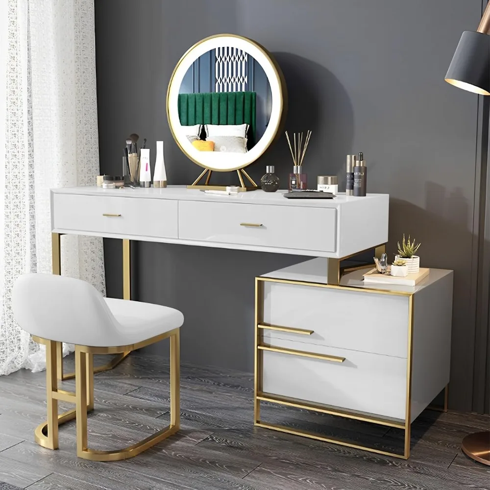 Makeup Vanity Set with Mirror and Lights, Women Dresser Table with Multifunctional Nightstand, 4 Drawer, Stool, Dressing Table