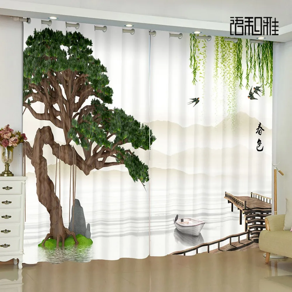 2Panel Custom Chinese Curtain Flower Landscape Peach Pine Print Curtain Living Room Bedroom Kitchen Blinds Transparent Curtain