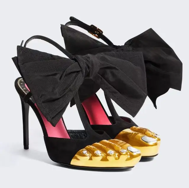 

Gold Thumb-Toe Sandals Bow-Knot Buckle Stiletto Pumps Elegant and Versatile Combination Material Women's Shoes