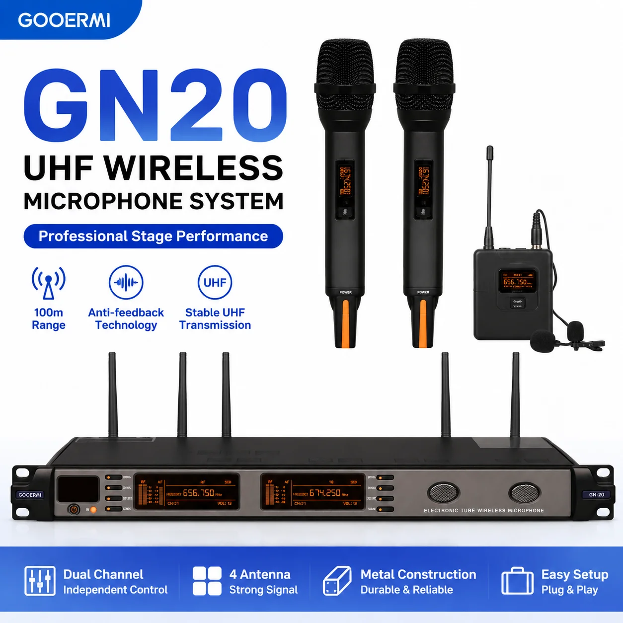 Gooermi GN20 UHF Tube Wireless Microphone System Dual Channel 4 Antenna Receiver Handheld Bodypack Mic 100m Anti Feedback Stage