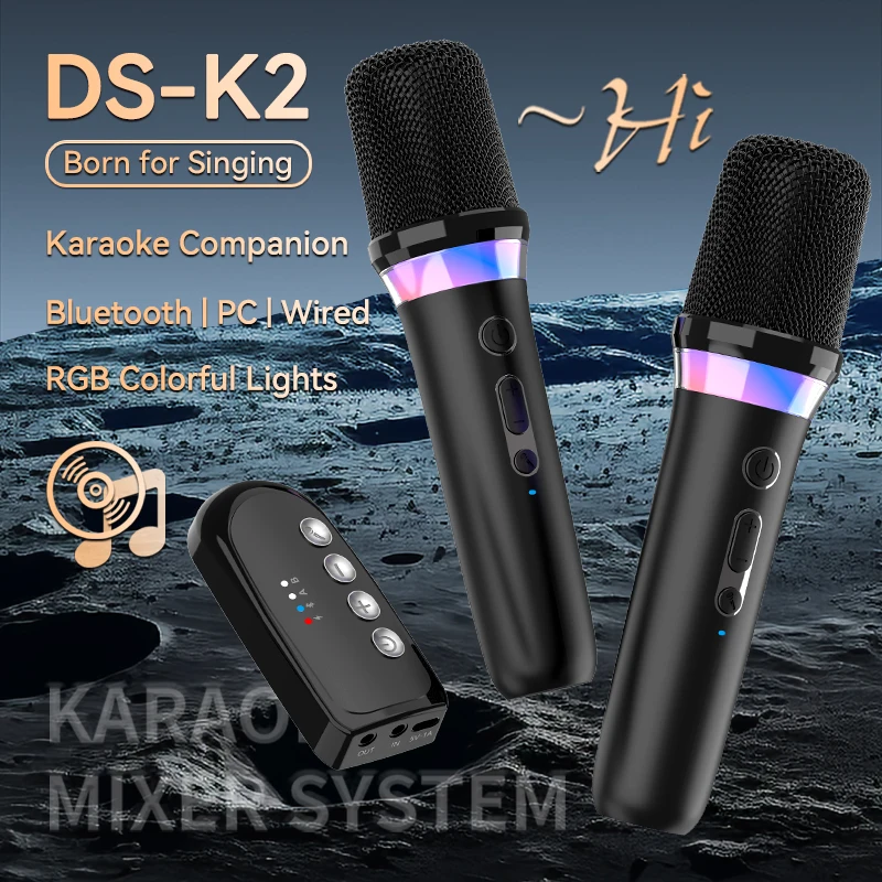 DS-K2 Karaoke towarzysz Bluetooth 5.3 bezprzewodowy mikrofon z ruchomą cewką z światło RGB systemem miksera KTV DSP do przewodowego głośnika