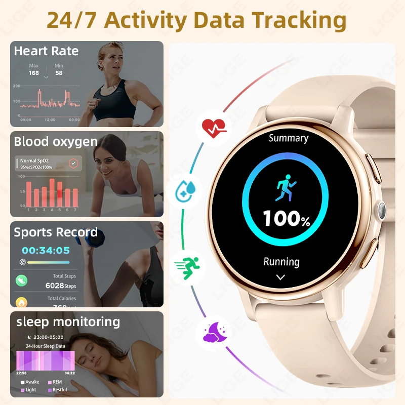 LIGE Nowy damski inteligentny zegarek damski okres menstruacyjny monitorowanie zdrowia Smartwatch Bluetooth Call 100+ trybów sportowych Smartwatches